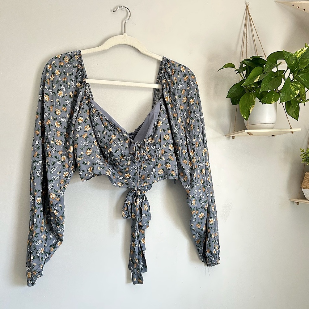 🩷NWT ALTARD STATE BLUE FLORAL BALLOON SLEEVE CROPPED LONG SLEEVE TOP SIZE LARGE